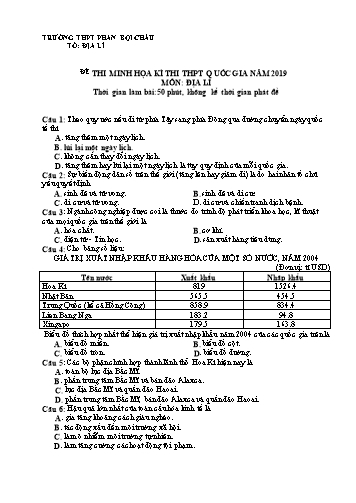 Đề thi minh họa kì thi THPT Quốc gia năm 2019 môn Địa lí - Trường THPT Phan Bội Châu (Có đáp án)