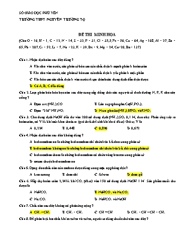 Đề thi minh họa thi THPT Quốc gia môn Hóa học - Trường THPT Nguyễn Trường Tộ (Có đáp án)