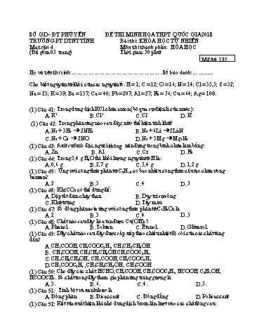 Đề thi minh họa THPT Quốc gia 2018 môn Hóa học - Trường PTDTNT tỉnh Phú Yên (Có đáp án)