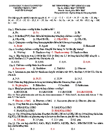 Đề thi minh họa THPT Quốc gia 2020 môn Hóa học - Trường THCS và THPT Nguyễn Bá Ngọc (Có đáp án)