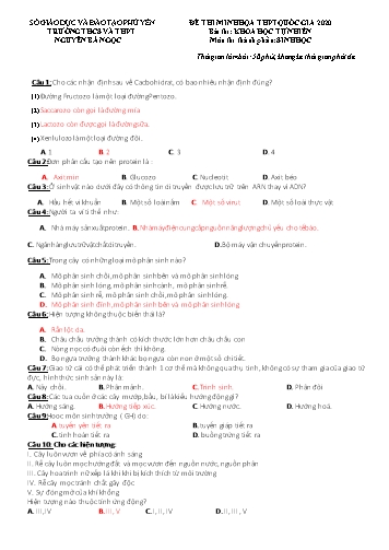 Đề thi minh họa THPT Quốc gia 2020 môn Sinh học - Trường THCS và THPT Nguyễn Bá Ngọc (Có đáp án)