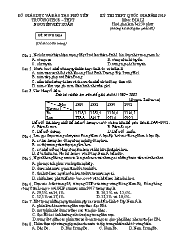 Đề thi minh họa THPT Quốc gia năm 2019 môn Địa lí - Trường THCS-THPT Nguyễn Viết Xuân (Có đáp án)