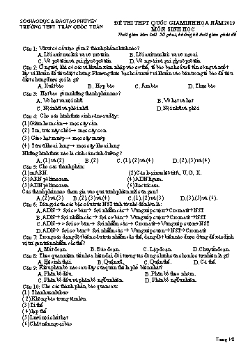 Đề thi minh họa THPT Quốc gia năm 2019 môn Sinh học - Trường THPT Trần Quốc Tuấn (Có đáp án)