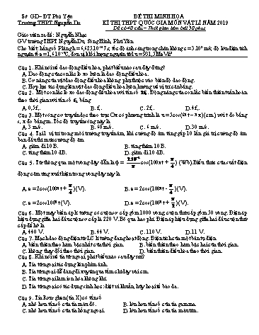 Đề thi minh họa THPT Quốc gia năm 2019 môn Vật lí - Trường THPT Nguyễn Du (Có đáp án)