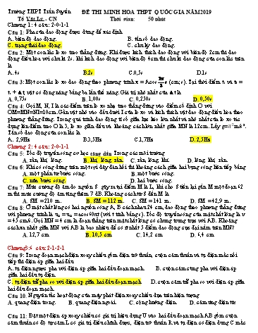 Đề thi minh họa THPT Quốc gia năm 2019 môn Vật lý - Trường THPT Trần Suyền (Có đáp án)