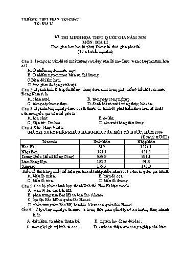 Đề thi minh họa THPT Quốc gia năm 2020 môn Địa lí - Trường THPT Phan Bội Châu (Có đáp án)