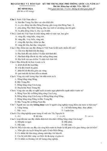 Đề thi minh họa Trung học Phổ thông Quốc gia năm 2017 môn Địa lí