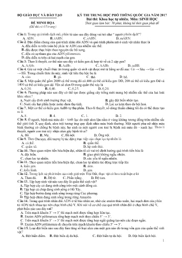 Đề thi minh họa Trung học Phổ thông Quốc gia năm 2017 môn Sinh học