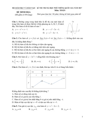 Đề thi minh họa Trung học Phổ thông Quốc gia năm 2017 môn Toán học