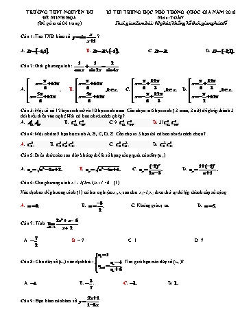Đề thi minh họa Trung học Phổ thông Quốc gia năm 2018 môn Toán - Trường THPT Nguyễn Du (Có đáp án)
