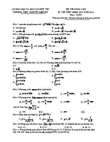 Đề thi năng lực kì thi THPT Quốc gia năm 2019 môn Toán - Trường THPT Nguyễn Khuyến (Có đáp án)