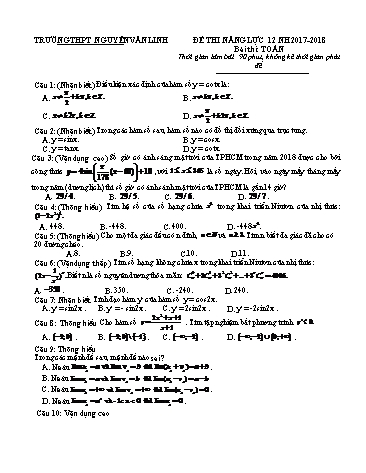 Đề thi năng lực môn Toán Lớp 12 - Năm học 2017-2018 - Trường THPT Nguyễn Văn Linh (Có đáp án)