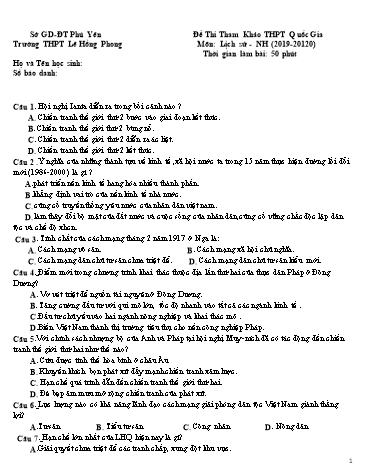 Đề thi tham khảo THPT Quốc gia môn Lịch sử - Năm học 2019-2020 - Trường THPT Lê Hồng Phong (Có đáp án)