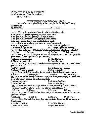 Đề thi tham khảo THPT Quốc gia năm 2020 môn Giáo dục công dân - Trường THPT Tôn Đức Thắng (Có đáp án)
