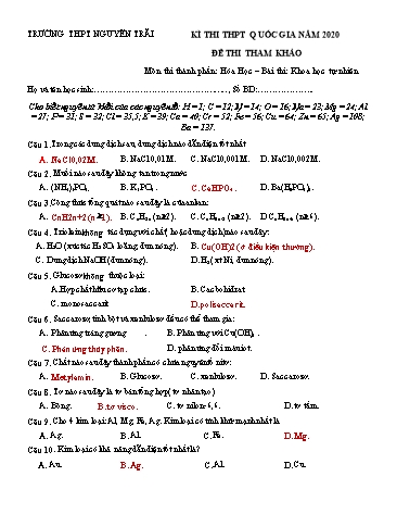Đề thi tham khảo THPT Quốc gia năm 2020 môn Hóa học - Trường THPT Nguyễn Trãi (Có đáp án)