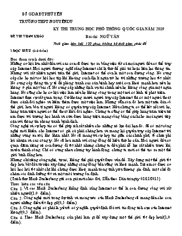 Đề thi tham khảo Trung học Phổ thông Quốc gia năm 2019 môn Ngữ văn Lớp 12 - Trường THPT Nguyễn Du (Có đáp án)