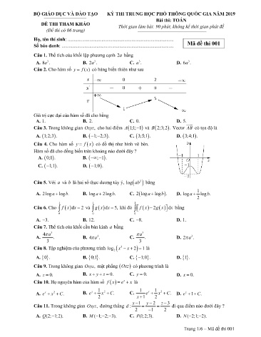 Đề thi tham khảo Trung học Phổ thông Quốc gia năm 2019 môn Toán - Trường THPT Phan Bội Châu