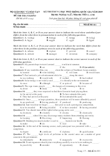 Đề thi tham khảo Trung học Phổ thông Quốc gia năm 2019 môn Tiếng Anh - Trường THPT Phan Bội Châu
