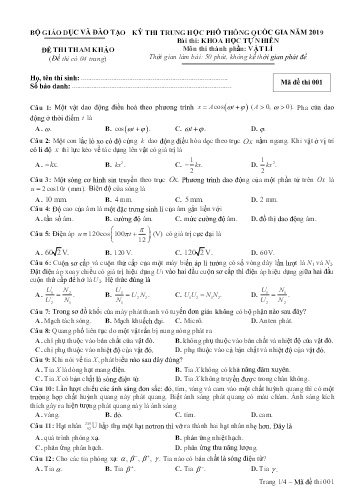 Đề thi tham khảo Trung học Phổ thông Quốc gia năm 2019 môn Vật lí - Trường THPT Phan Bội Châu