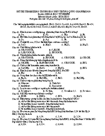 Đề thi tham khảo Trung học Phổ thông Quốc gia năm 2020 môn Hóa học (Có đáp án)