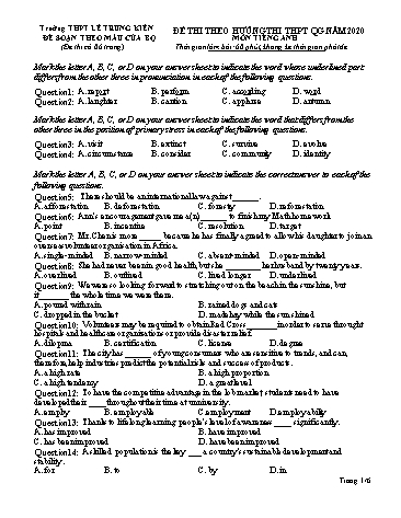 Đề thi theo hướng thi THPT Quốc gia năm 2020 môn Tiếng Anh - Trường THPT Lê Trung Kiên (Có đáp án)