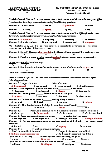 Đề thi THPT Quốc gia môn Tiếng Anh - Năm học 2018-2019 - Trường THPT Phan Chu Trinh (Có đáp án)