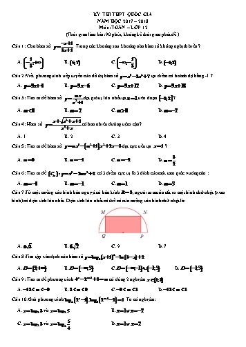 Đề thi THPT Quốc gia môn Toán Lớp 12 - Năm học 2017-2018 (Có đáp án)
