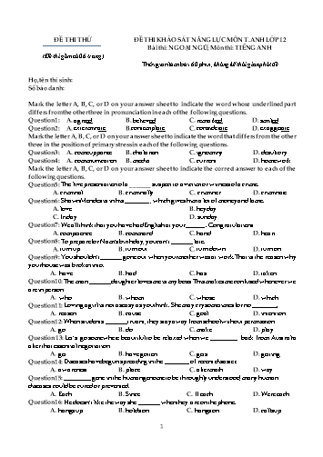Đề thi thử khảo sát năng lực môn Tiếng Anh Lớp 12 - Trường THPT Nguyễn Bỉnh Khiêm (Có đáp án)
