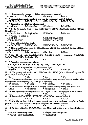 Đề thi thử THPT Quốc gia 2018 môn Hóa học - Trường THPT Lê Trung Kiên (Có đáp án)