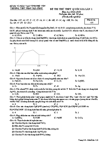 Đề thi thử THPT Quốc gia lần 1 môn Hóa học - Năm học 2019-2020 - Trường THPT Phan Bội Châu (Có đáp án)