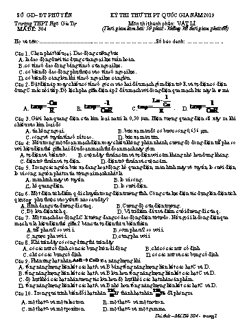 Đề thi thử THPT Quốc gia lần 2 năm 2019 môn Vật lí - Trường THPT Ngô Gia Tự - Mã đề 304 (Có đáp án)