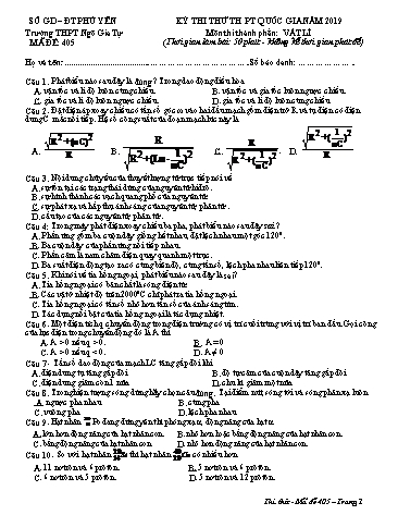 Đề thi thử THPT Quốc gia lần 2 năm 2019 môn Vật lí - Trường THPT Ngô Gia Tự - Mã đề 405 (Có đáp án)