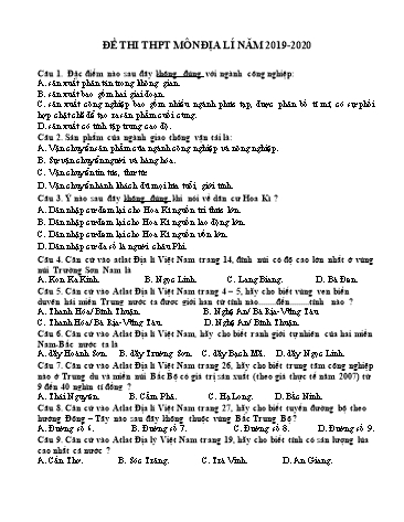 Đề thi thử THPT Quốc gia môn Địa lí - Năm học 2019-2020 - Trường THPT Nguyễn Du (Có đáp án)