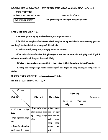 Đề thi thử THPT Quốc gia môn Ngữ văn 12 - Năm học 2017-2018 - Trường THPT Nguyễn Du (Có đáp án)