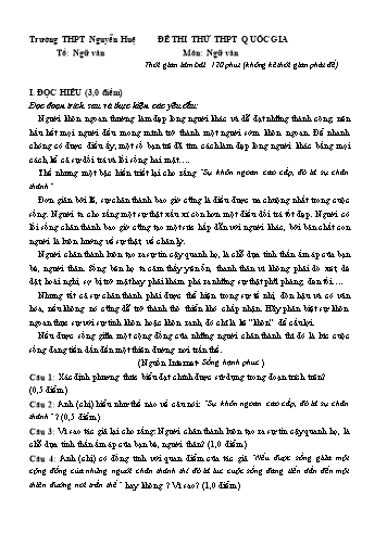 Đề thi thử THPT Quốc gia môn Ngữ văn Lớp 12 - Trường THPT Nguyễn Huệ (Có đáp án)