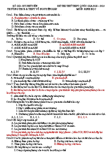 Đề thi thử THPT Quốc gia môn Sinh học - Năm học 2018-2019 - Trường THCS&THPT Võ Nguyên Giáp (Có đáp án)