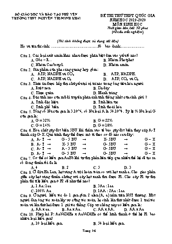 Đề thi thử THPT Quốc gia môn Sinh học - Năm học 2019-2020 - Trường THPT Nguyễn Thị Minh Khai (Có đáp án)