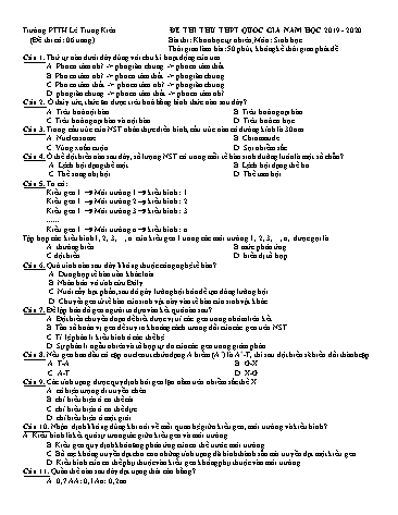 Đề thi thử THPT Quốc gia môn Sinh học - Năm học 2019-2020 - Trường PTTH Lê Trung Kiên (Có đáp án)