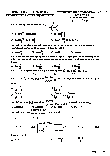 Đề thi thử THPT Quốc gia môn Toán - Năm học 2017-2018 - Trường THPT Nguyễn Thị Minh Khai (Có đáp án)