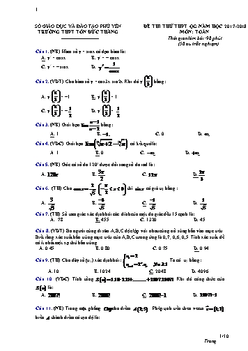 Đề thi thử THPT Quốc gia môn Toán - Năm học 2017-2018 - Trường THPT Tôn Đức Thắng (Có đáp án)