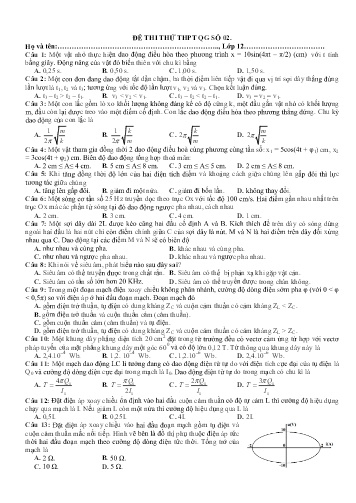 Đề thi thử THPT Quốc gia môn Vật lý - Trường THPT Phạm Văn Đồng