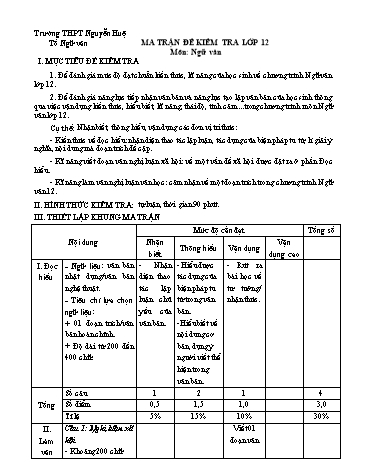 Đề thi thử THPT Quốc gia năm 2017 môn Ngữ văn 12 - Trường THPT Nguyễn Huệ (Có đáp án)