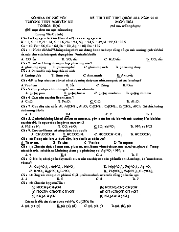 Đề thi thử THPT Quốc gia năm 2018 môn Hóa - Trường THPT Nguyễn Du (Có đáp án)