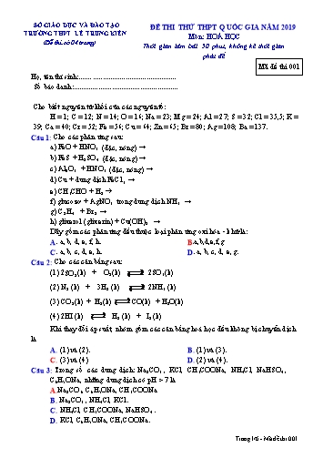 Đề thi thử THPT Quốc gia năm 2019 môn Hoá học - Trường THPT Lê Trung Kiên (Có đáp án)