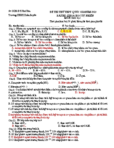 Đề thi thử THPT Quốc gia năm 2019 môn Sinh học - Trường THPT Trần Suyền (Có đáp án)