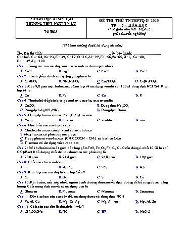 Đề thi thử THPT Quốc gia năm 2020 môn Hóa học - Trường THPT Nguyễn Du (Có đáp án)