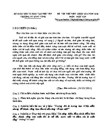 Đề thi thử THPT Quốc gia năm 2020 môn Ngữ văn 12 - Trường PT DNNT tỉnh Phú Yên (Có đáp án)