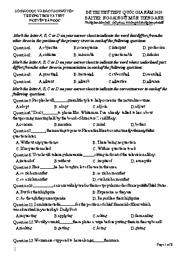 Đề thi thử THPT Quốc gia năm 2020 môn Tiếng Anh - Trường THCS và THPT Nguyễn Bá Ngọc (Có đáp án)