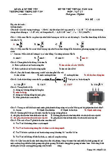 Đề thi thử THPT Quốc gia năm 2020 môn Vật lý - Trường THPT Duy Tân (Có đáp án)