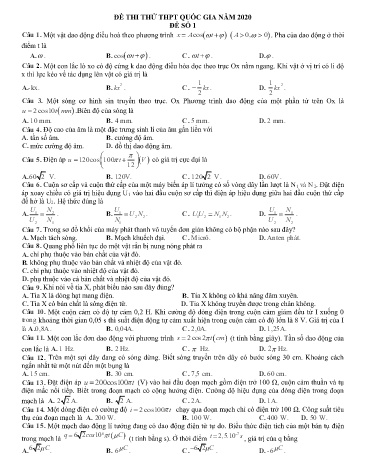 Đề thi thử THPT Quốc gia năm 2020 môn Vật lý - Trường THPT Phạm Văn Đồng